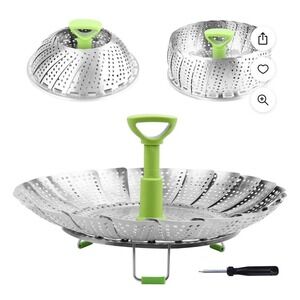 New Laney Vegetable Steamer Basket, Compact, Folds, Green &‎ Chrome